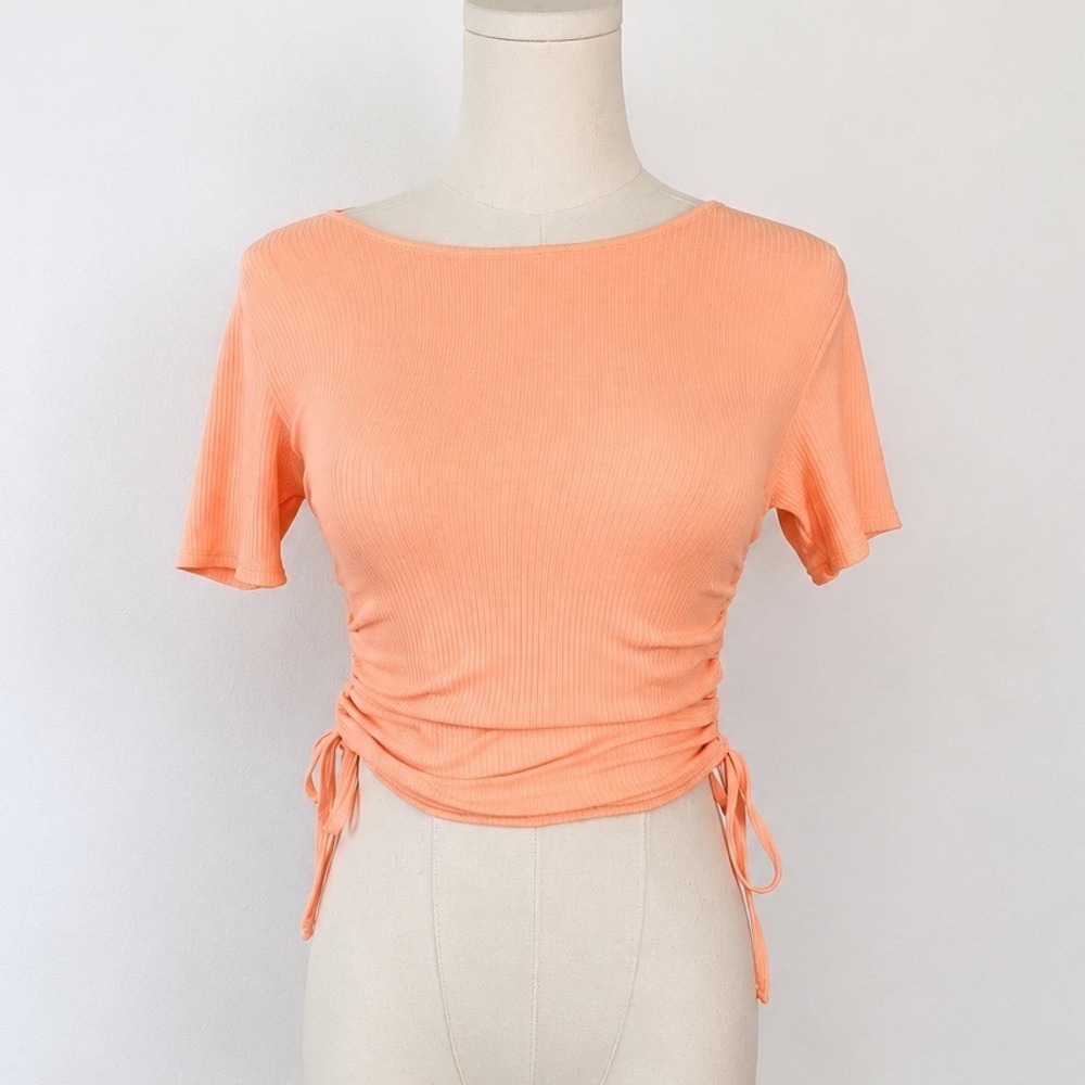 Y2K 2000s Ruched Side Top Womens Small Peach Ribbed Knit Cropped Shirt S